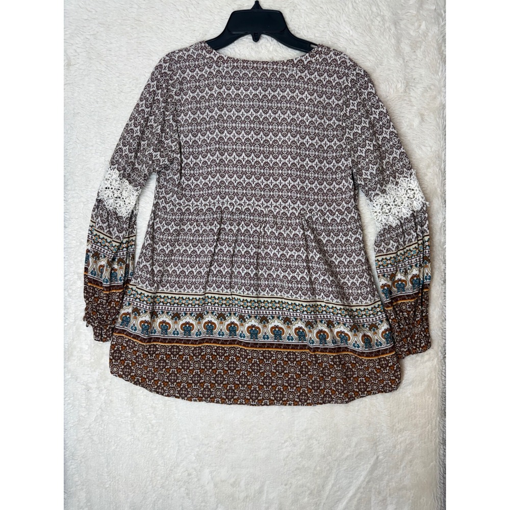 Kori America Blouse Womens S Boho Lace Crochet Damask Print Excellent - Picture 9 of 11